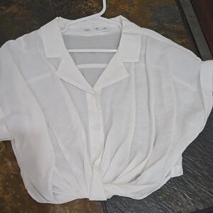 Zara White Button Down Blouse with Notched Collar and Tie Front